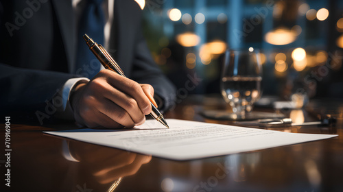 Man signing contract - signature on contract - conference room table. - making a deal - contractual agreement  photo
