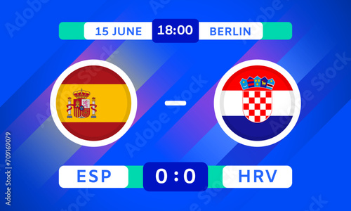 Spain vs Croatia Design Element. Flags Icons with transparency isolated on blue background. Football Championship Competition Infographics. Announcement, Game Score Template. Vector graphics