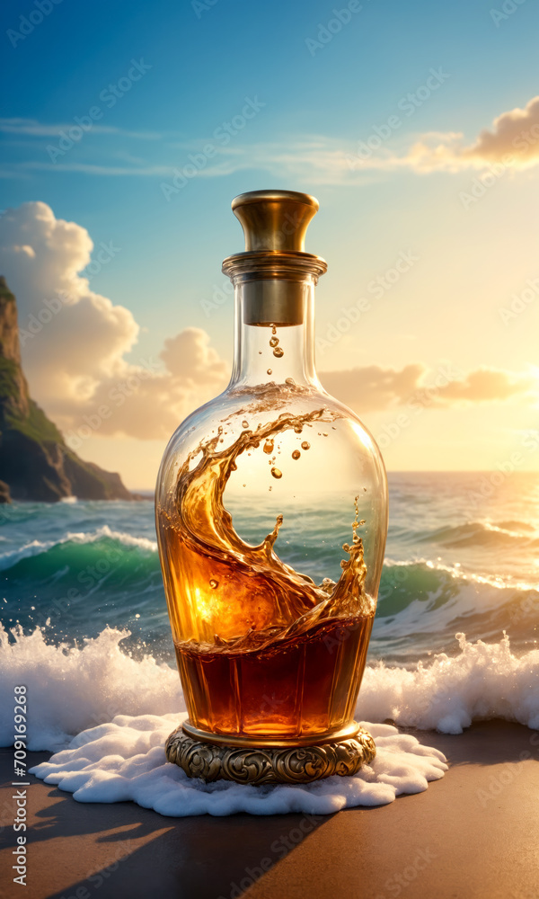 Bottle with a magic potion flowing into the ocean. Warm evening golden sea sunset.Creative designer fantasy art. Bottle with a magic potion flowing into the ocean. Warm evening golden sea sunset.Creative designer fantasy art.