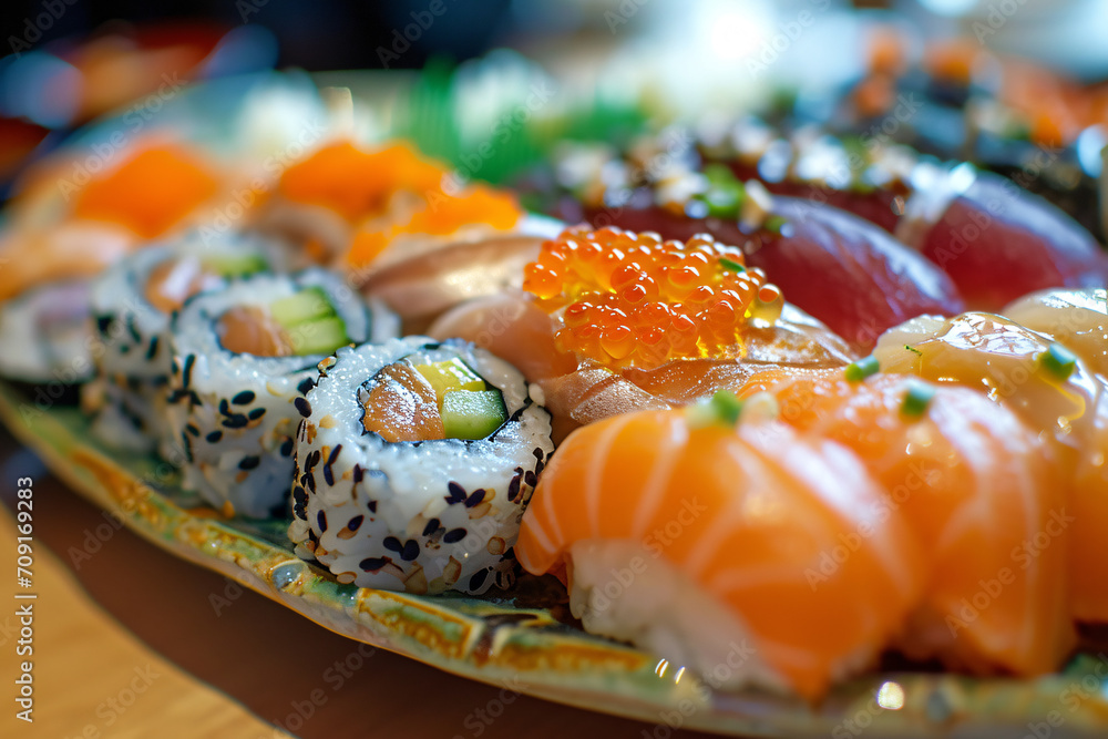 A delicious plate of sushi, tasty Japanese food A delicious plate of sushi, tasty Japanese food
