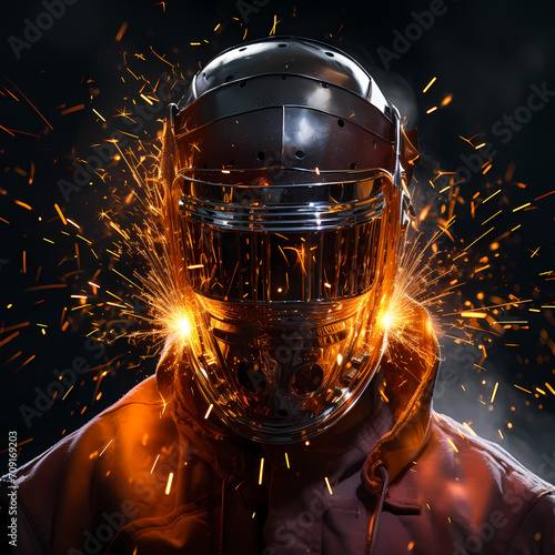 Close-up of a welder's mask with sparks flying. photo