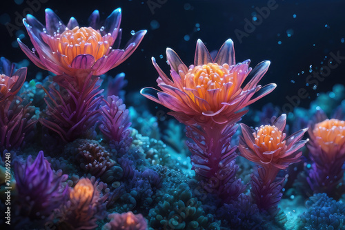 Generative AI Beautiful view of underwater plants, fish and corals at night, beautiful view of coral sea plants and fish at night, Beautiful underwater night view, marine plants, fish, coral, sea © Alter