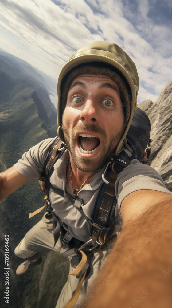 Gopro selfie of a climber in a helmet Gopro selfie of a climber in a helmet