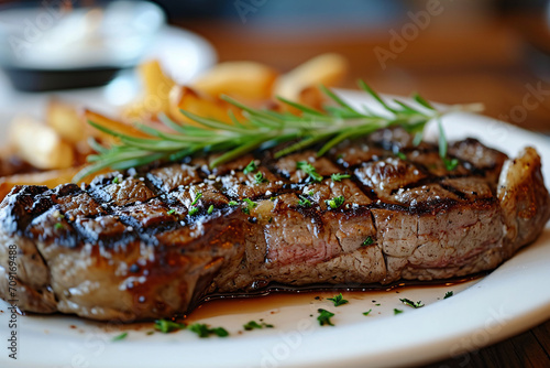 A delicious steak on a plate at a restaurant, tasty food