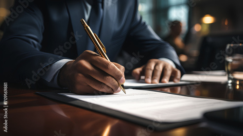 Businessman signing a contract - close-up shot - legal document - - formal agreement - binding document  photo