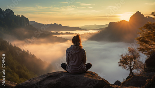 Young woman meditating at dawn on a mountain with panoramic views to improve her anxiety and stress levels and improve her concentration © Art