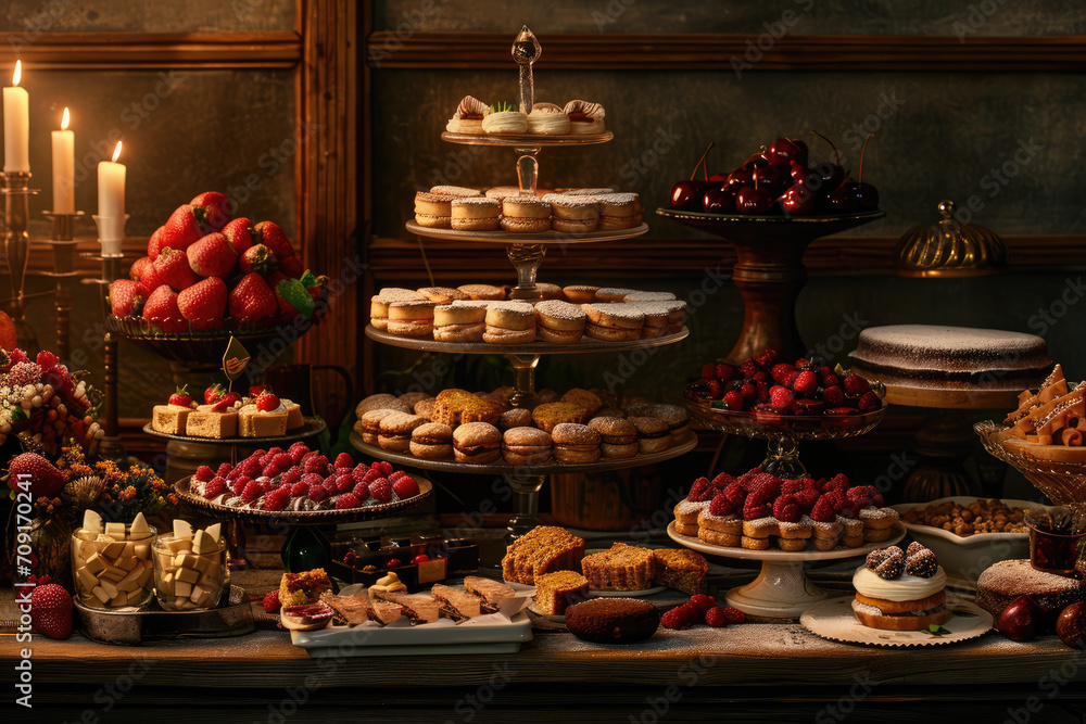 Beautiful rustic display of different desserts in artistic way