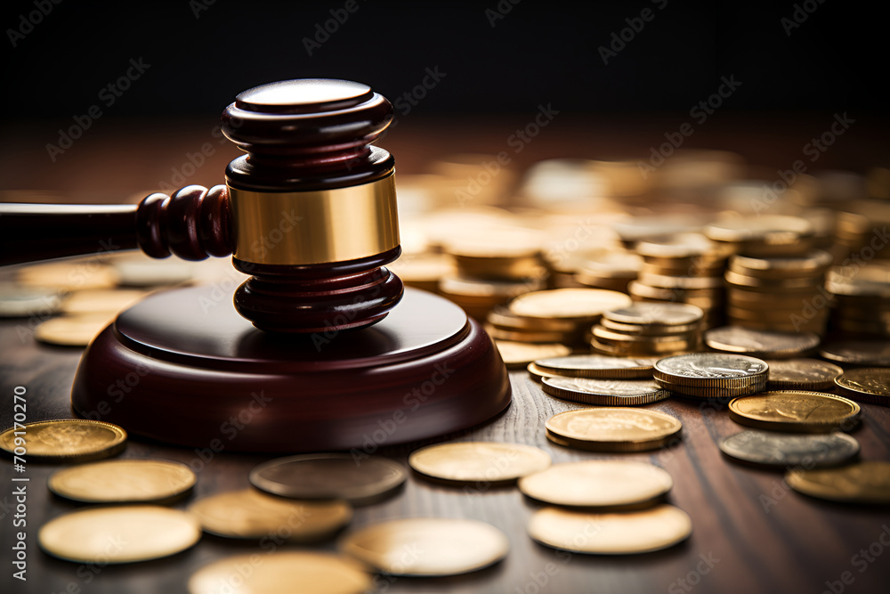 Legal Gavel and Coins on Wooden Background Concept Legal Gavel and Coins on Wooden Background Concept