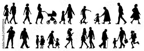 vector illustration. silhouettes of people walking along the street. Large set of characters of different ages.