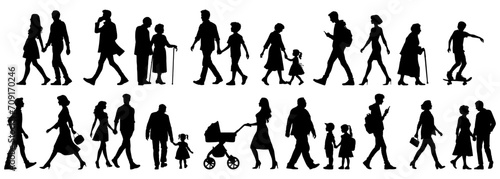 vector illustration. silhouettes of people walking along the street. Large set of characters of different ages.