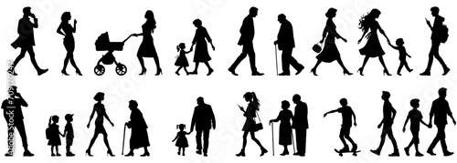 vector illustration. silhouettes of people walking along the street. Large set of characters of different ages.