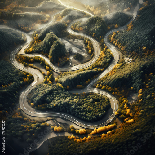 A dynamic aerial view of winding country roads.