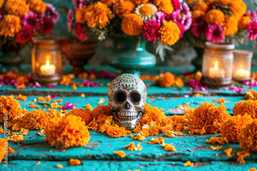 Día de los Muertos en México: Ofrenda con calaveras , flores y velas  photo