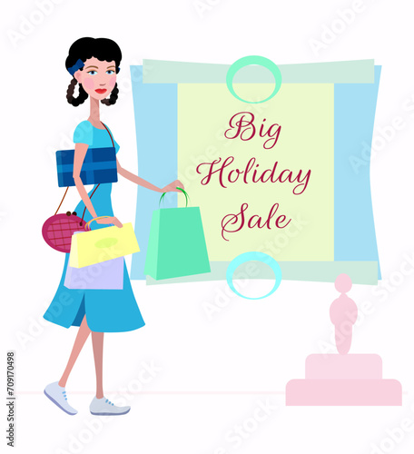 Girl with shopping. Sale of clothing and household goods