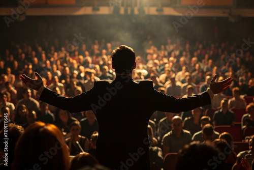 A preacher speaking in front of a big crowd, seen from behind