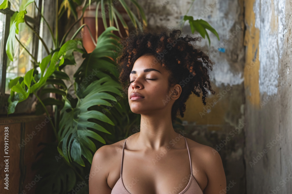 A woman doing a breathing exercise and meditating, mindfulness concept A woman doing a breathing exercise and meditating, mindfulness concept