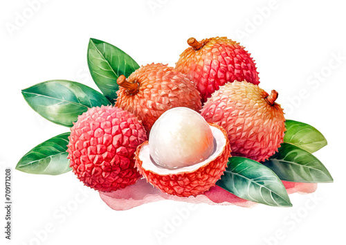 lychee with leaves on a white background, art design photo