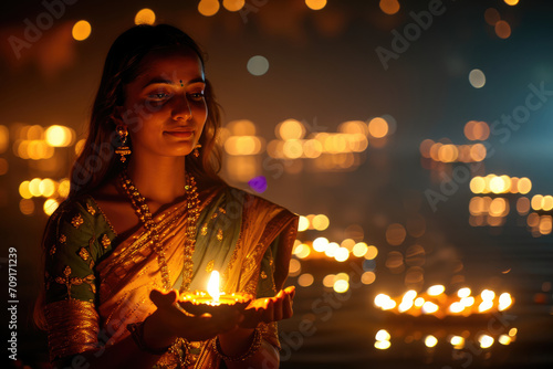 Diwali en India: Escena festiva con luces, lámparas de aceite y fuegos artificiales 