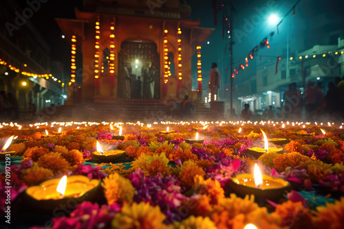 Diwali en India: Escena festiva con luces, lámparas de aceite y fuegos artificiales  © Julio