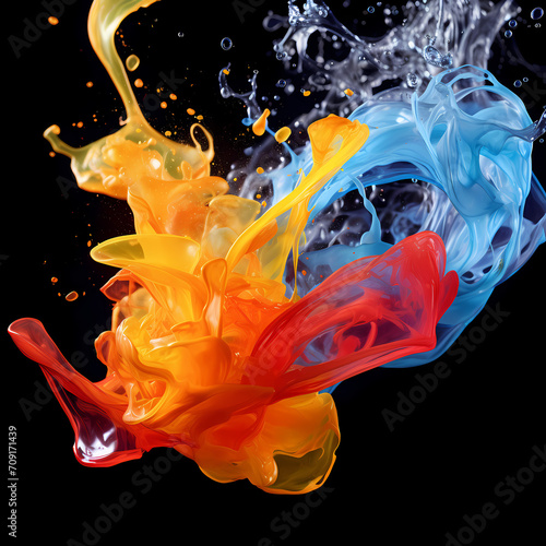 A high-speed shot of a splash of colorful liquid in motion.