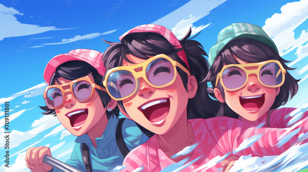 Happy children running on water, anime, drawing