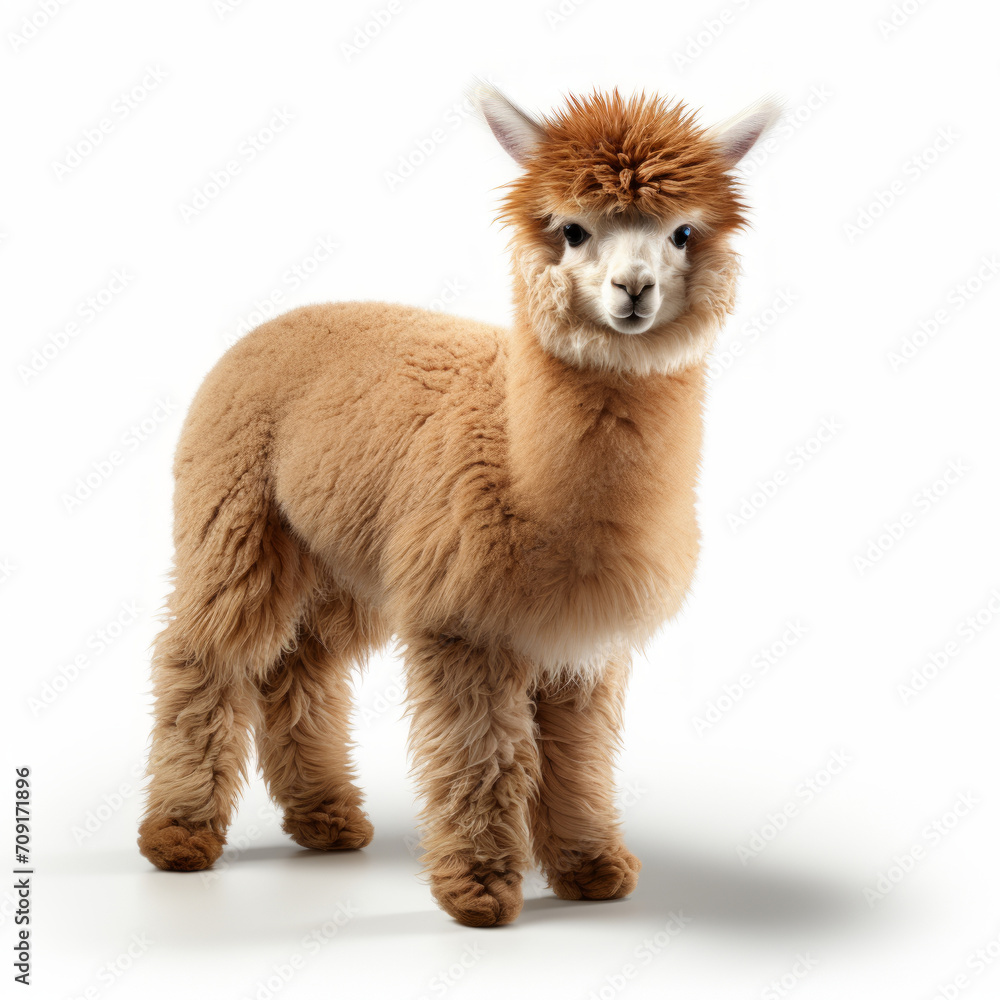 Fototapeta premium Beautiful portrait of a baby alpaca on a white background