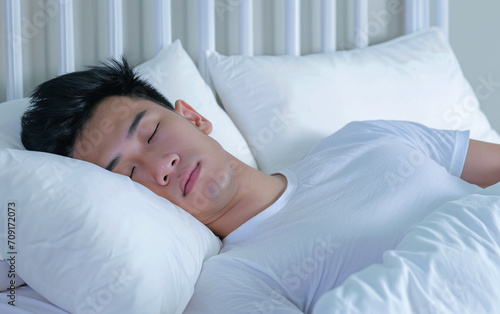 Closeup of Asian man sleeping in white bed and pillow. Copy space for text.