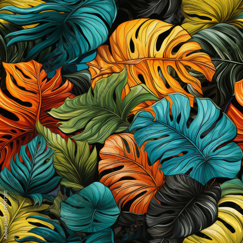 Multi-colored tropical leaves, seamless, pattern, fabric, tile, background, carpet, wallpaper, clothing, sarong, packaging, batik