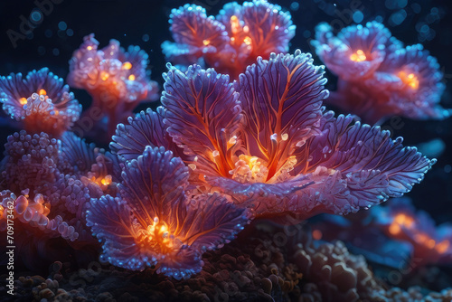 Generative AI Beautiful view of underwater plants, fish and corals at night, beautiful view of coral sea plants and fish at night, Beautiful underwater night view, marine plants, fish, coral, sea © Riefdeigartz