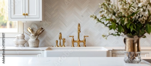 Detailed image of sink in upscale kitchen with herringbone backsplash, white marble counter, and gold faucet. photo