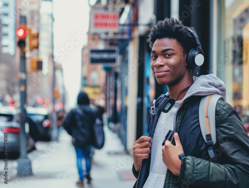 Young african american man listening to music with headphones in the city