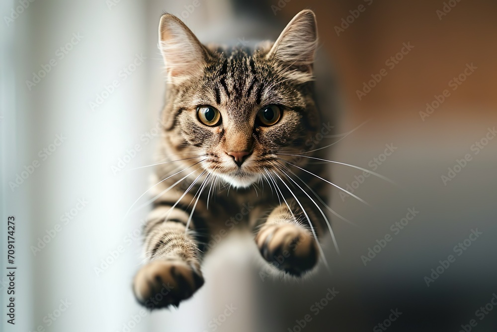Funny cat flying. photo of a playful tabby cat jumping mid-air and looking at the camera. background with copy space.
