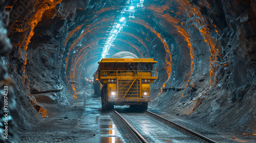 Mineral truck in the tunnel, 
underground mining digger industry gold tunnel mineral. photo