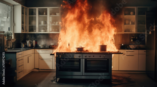 A fictional burning Scandinavian style minimalist kitchen on fire - kitchen safety fire hazard concept