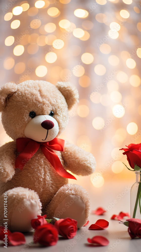 Super cute teddy bear toy and red rose, soft champagne colors created with Generative Ai Super cute teddy bear toy and red rose, soft champagne colors created with Generative Ai