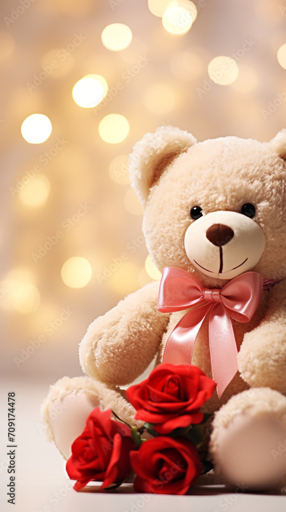 Super cute teddy bear toy and red rose, soft champagne colors created with Generative Ai Super cute teddy bear toy and red rose, soft champagne colors created with Generative Ai