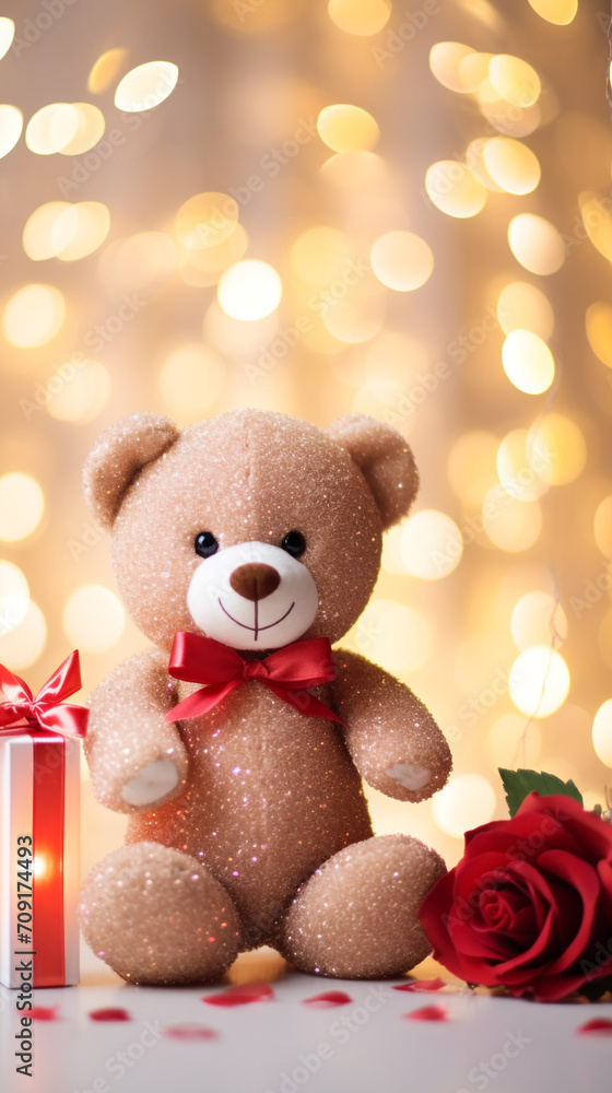 Super cute teddy bear toy and red rose, soft champagne colors created with Generative Ai Super cute teddy bear toy and red rose, soft champagne colors created with Generative Ai
