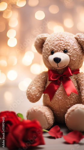 Super cute teddy bear toy and red rose, soft champagne colors created with Generative Ai