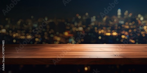 Dark night with light background in cafe for product display on empty wood table top.