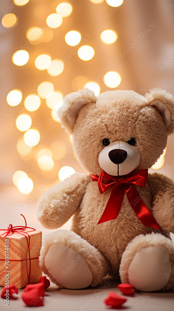 Super cute teddy bear toy and red rose, soft champagne colors created with Generative Ai Super cute teddy bear toy and red rose, soft champagne colors created with Generative Ai