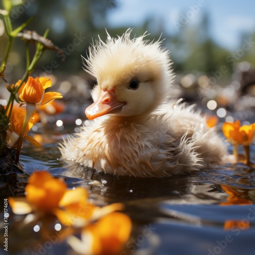 Photo of a fluffy duckling swimming in a pond. Generative AI