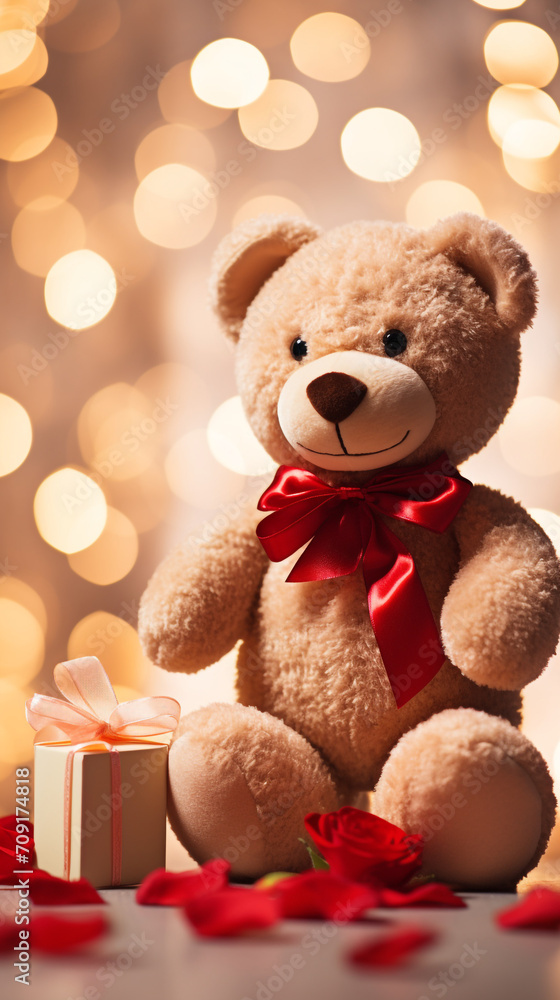 Super cute teddy bear toy and red rose, soft champagne colors created with Generative Ai Super cute teddy bear toy and red rose, soft champagne colors created with Generative Ai