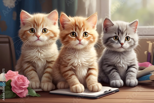 Three kittens of siberian breed sitting on a beige background