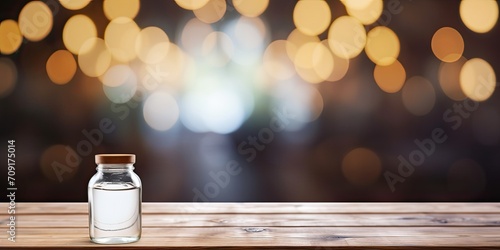 Prepared for product montage with bokeh, blurred light interior background and product display on an empty wooden table.