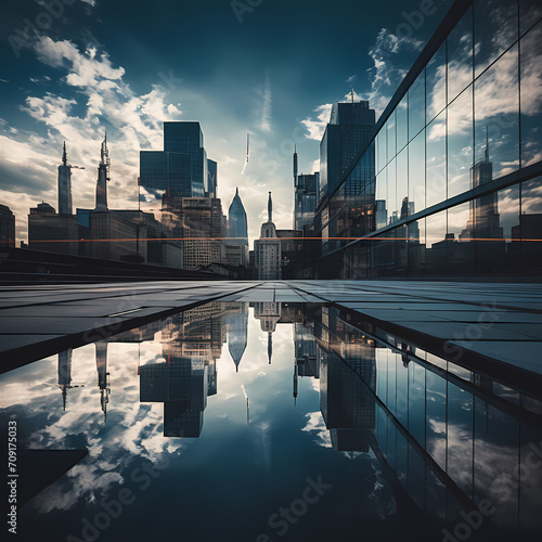 A symmetrical reflection of a city skyline in a glass building. © Cao
