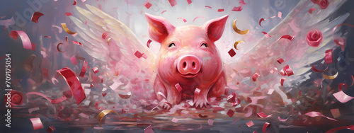 Crimson Wings of Fortune: A Piggy Bank's Romantic Flight