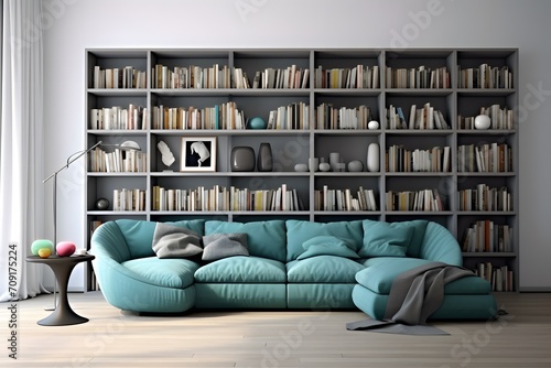 This modern interior design with an aqua sofa and a well-organized book display creates a harmonious and visually pleasing living space, blending comfort, style, and functionality. © JKIU