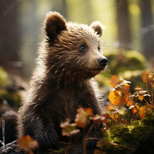 Photo of a fuzzy baby bear cub in the forest. Generative AI