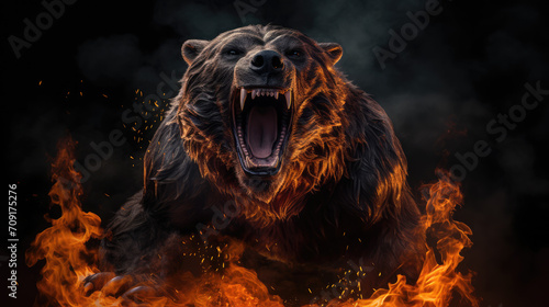 A fictional raging bear, burning and standing in fire on dark background - bear market stock market theme