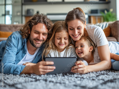 Obraz na płótnie Happy family using tablet while lying on the floor at home in the living room. w salonie